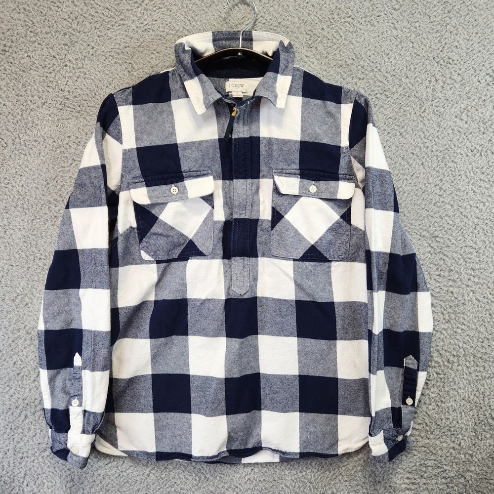 J.Crew 1/4 Zip Flannel Shirt Mens Size S Blue White Checkered Plaid 100% Cotton‎